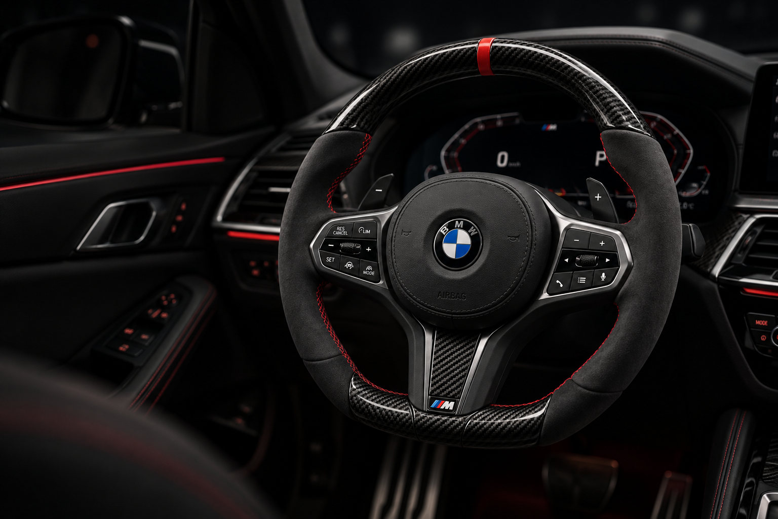 BMW M Performance-rat monteret i bilen, fotograferet fra højre side med carbon, Alcantara, rød centerlinje og røde syninger