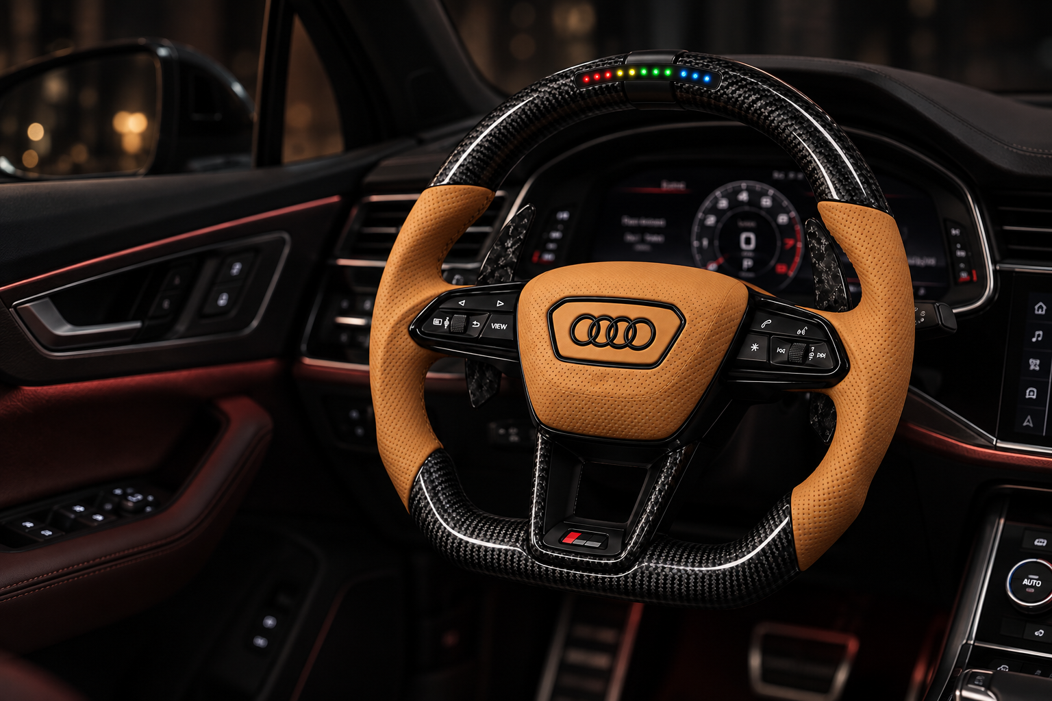 Audi D-shape premium-rat monteret i bilen, fotograferet fra højre side med cognacfarvet perforeret læder, mørk carbon og integreret LED-display